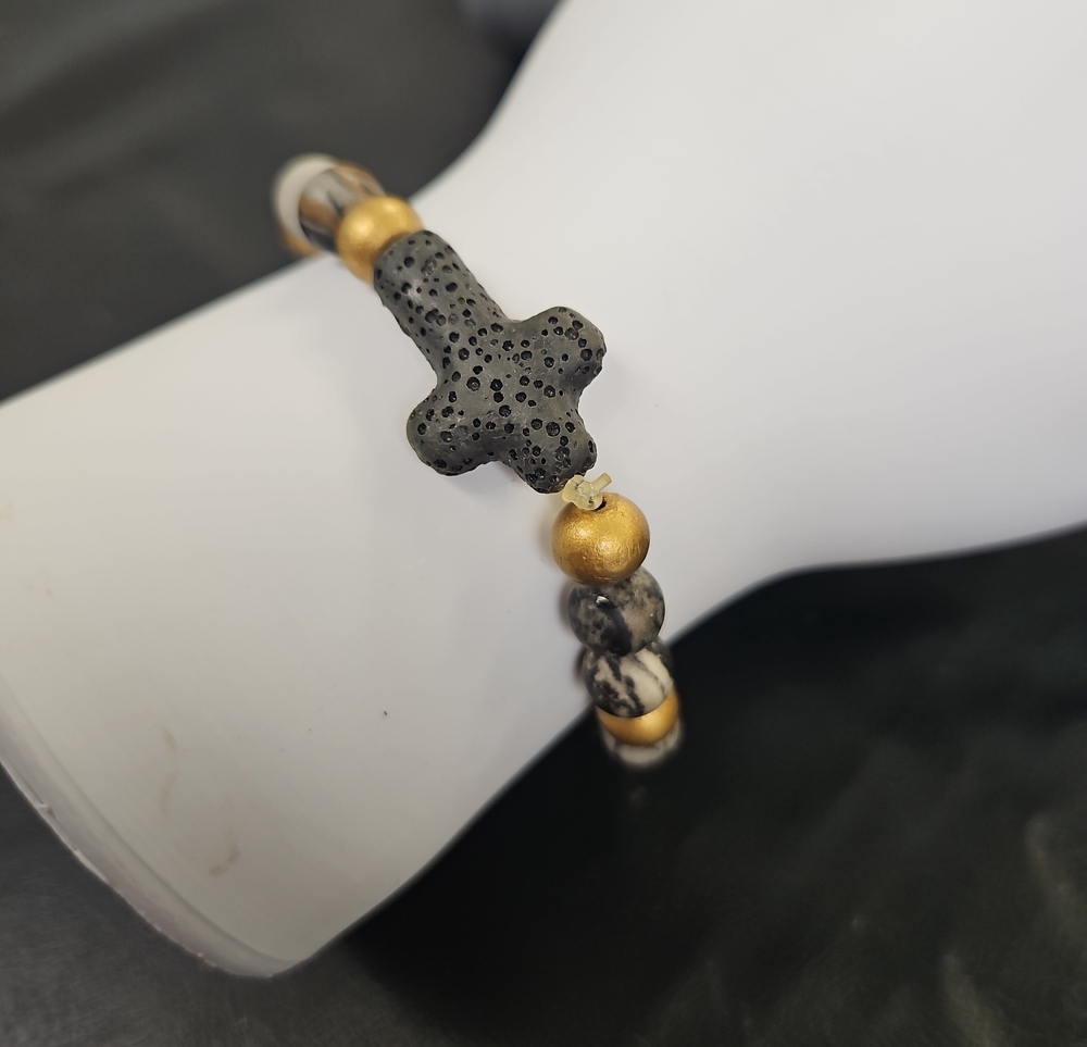 Gold and Black Lava Cross Beaded Bracelet